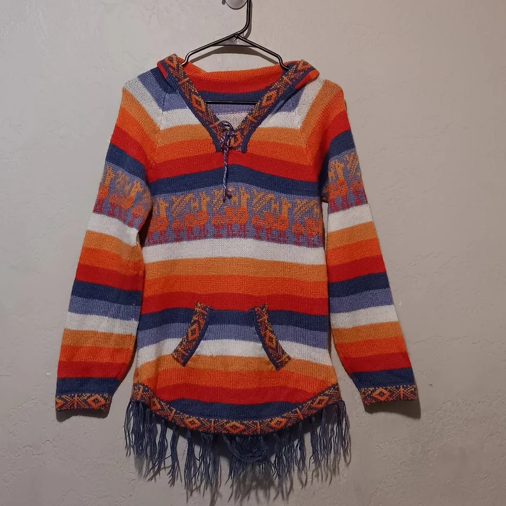 Women Ethnic Aztec Sweater‎ Stripped Rainbow Orange-Purple SzS Hood- Pullover